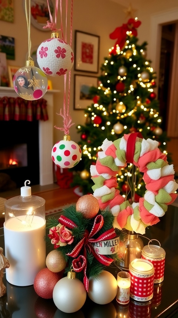 A collection of DIY Christmas decorations including ornaments, a wreath, and string lights in a cozy living room.